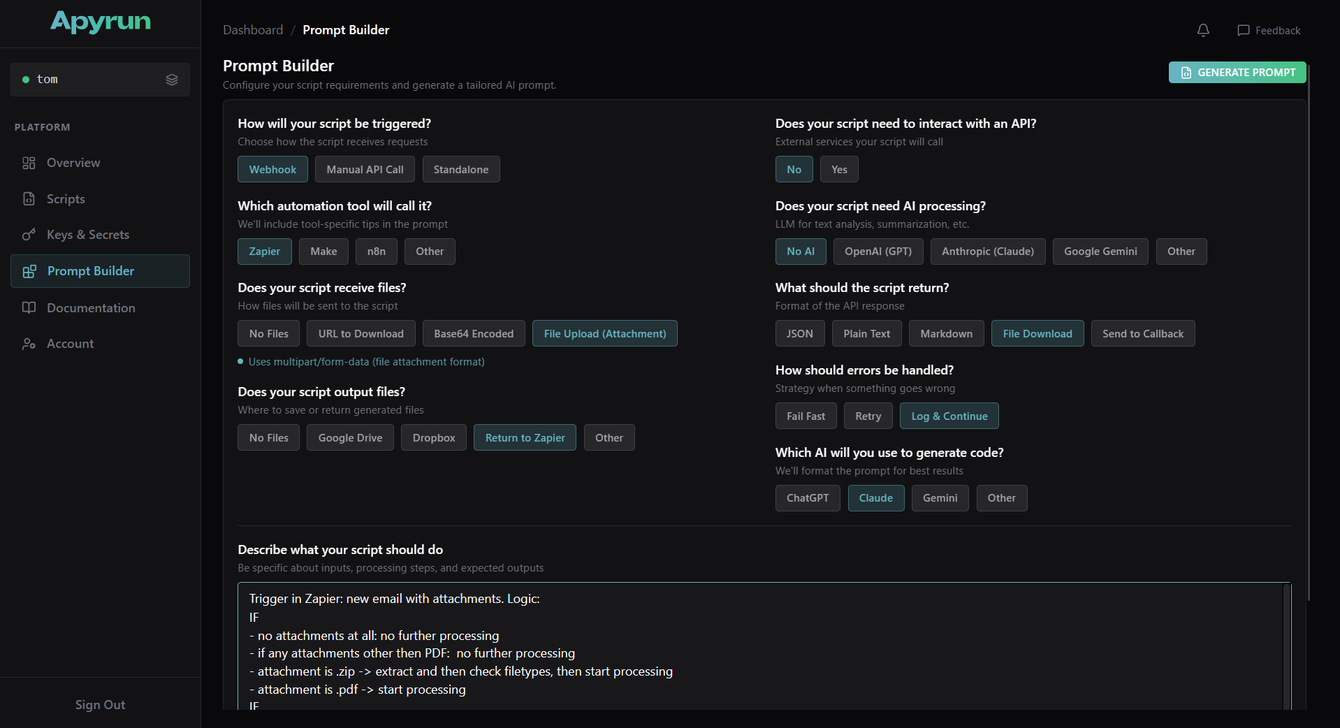 Apyrun Prompt Builder interface