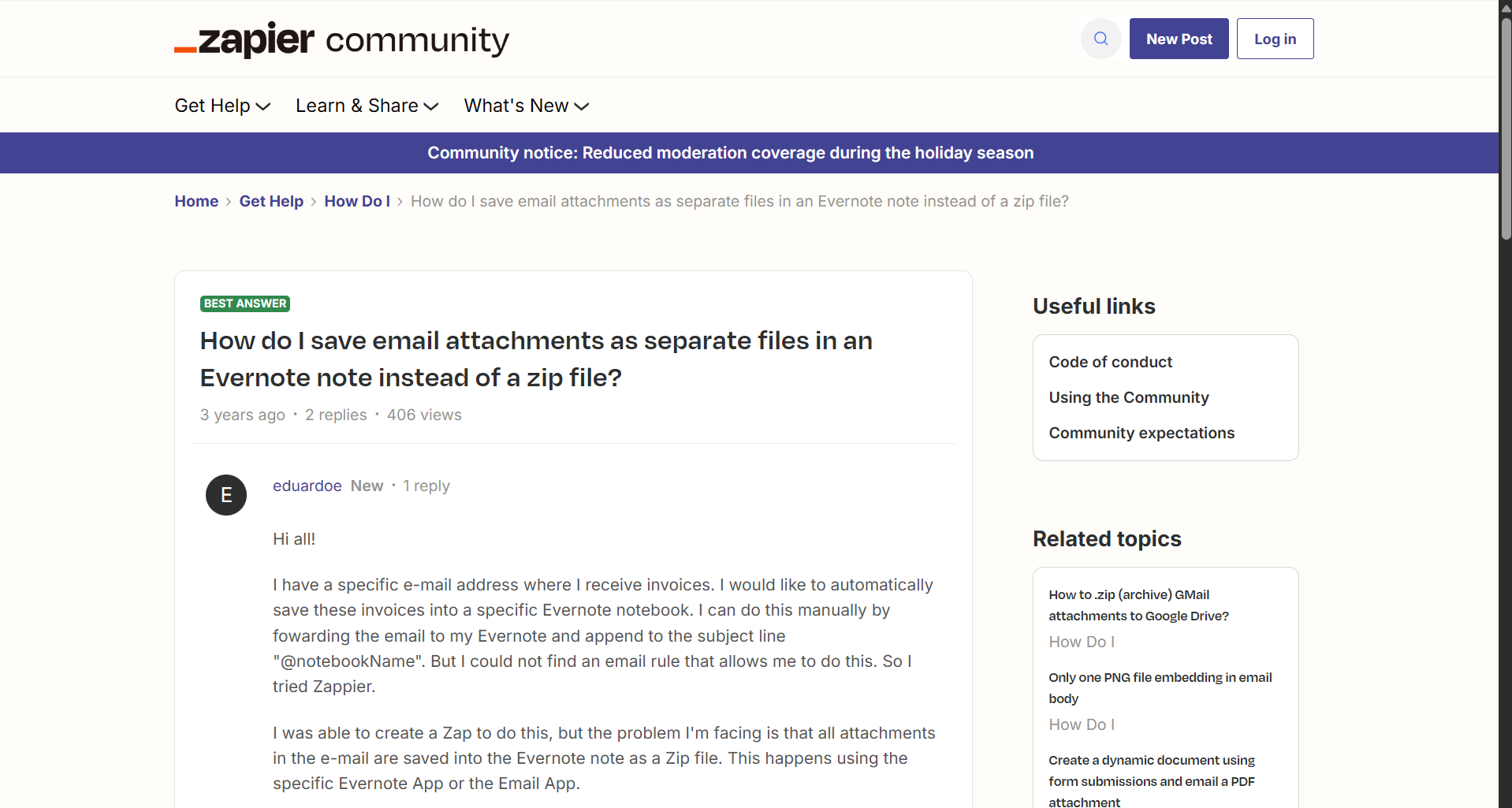 Zapier community question about email attachments