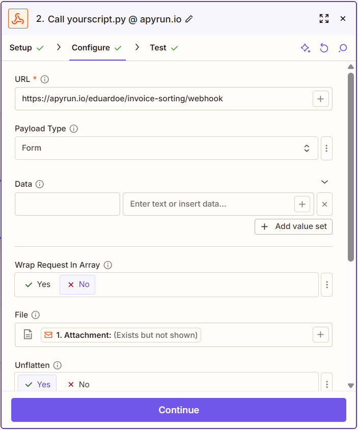 Webhook configuration in Zapier - URL setup