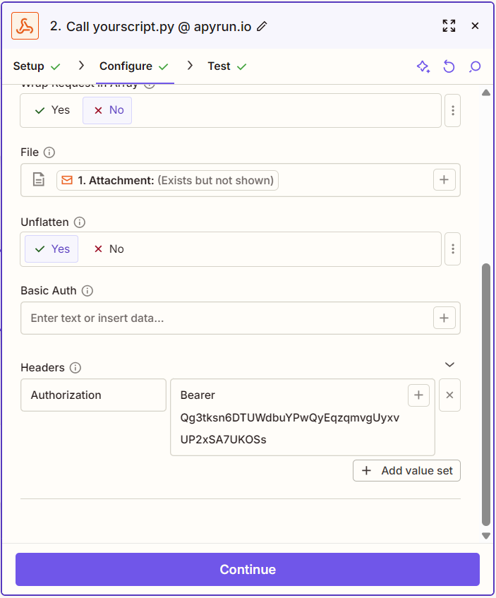 Webhook configuration in Zapier - Data setup