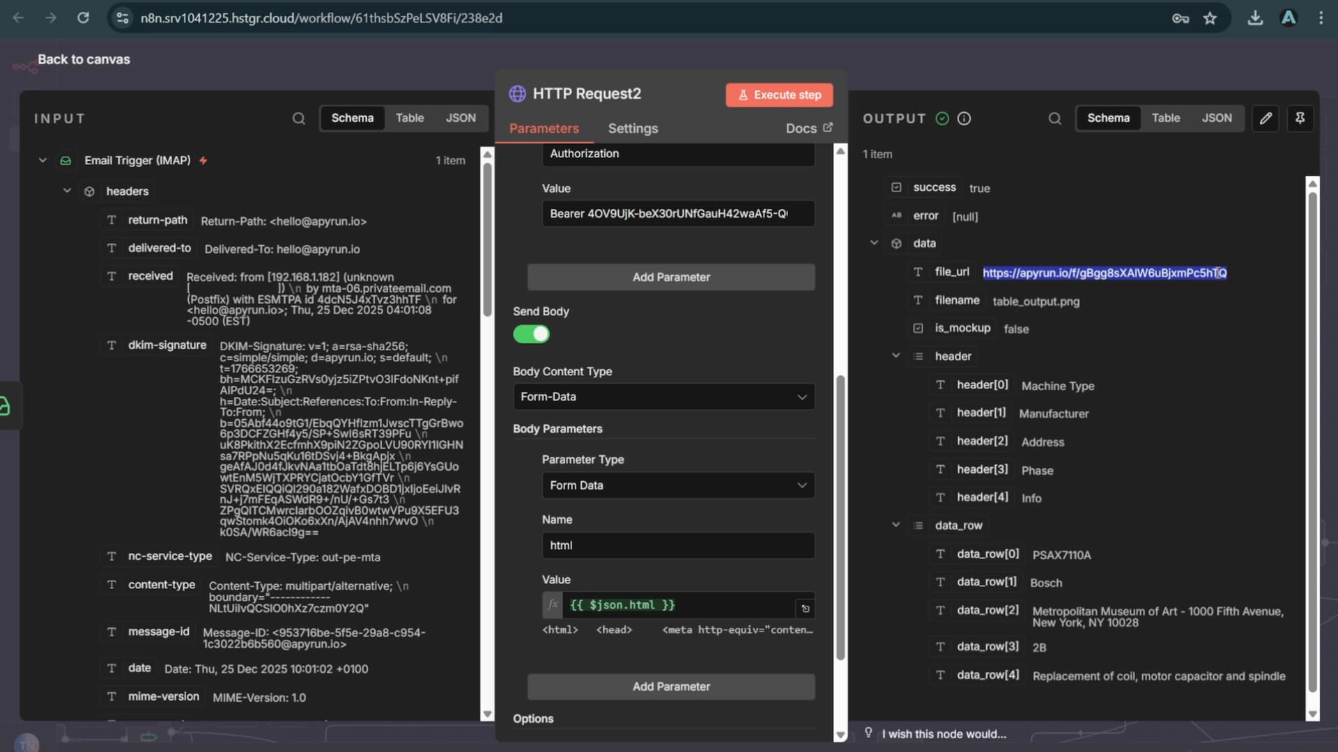 n8n HTTP Request node configuration showing URL, headers, and body fields