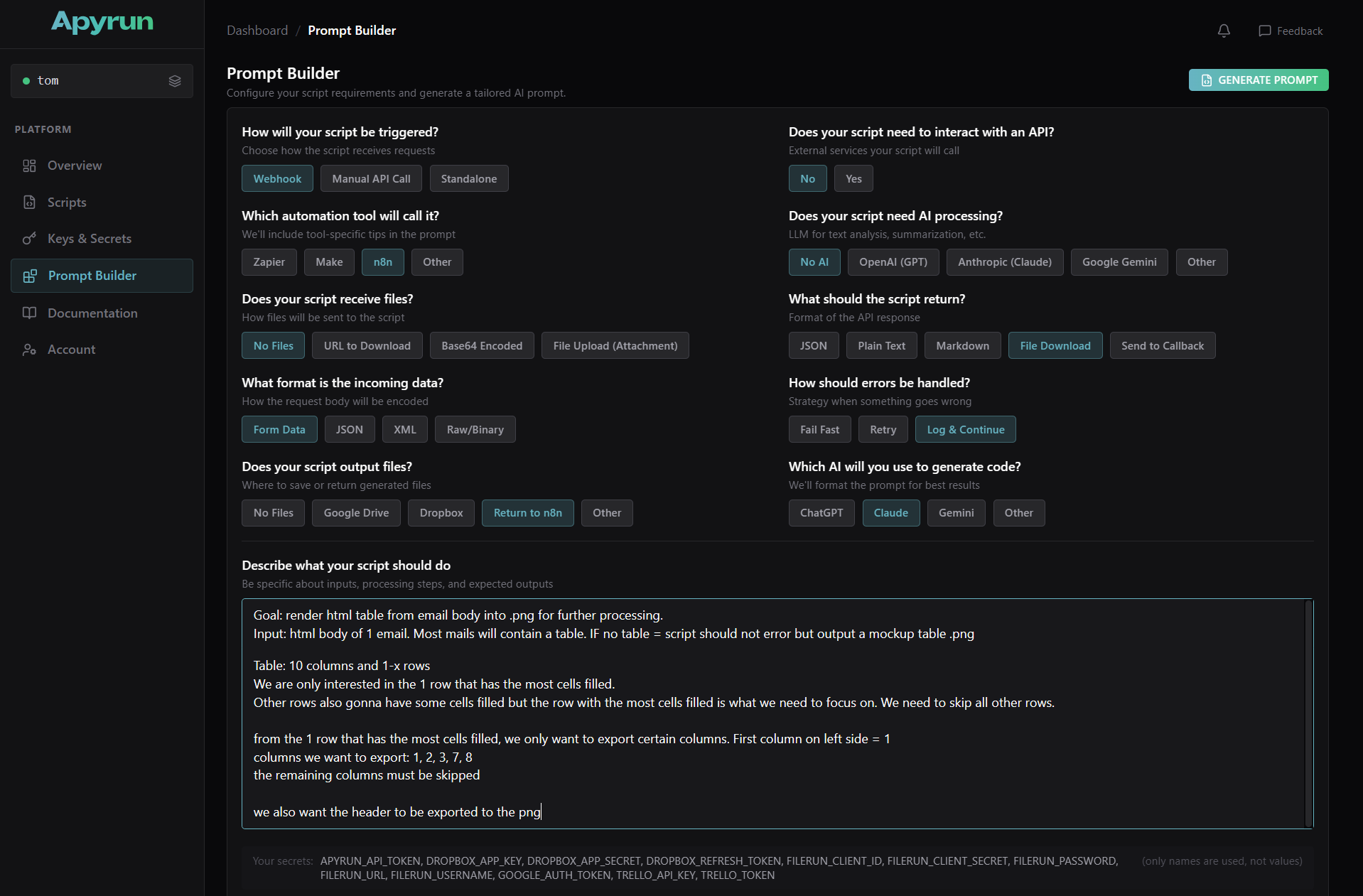 Apyrun Prompt Builder form filled out