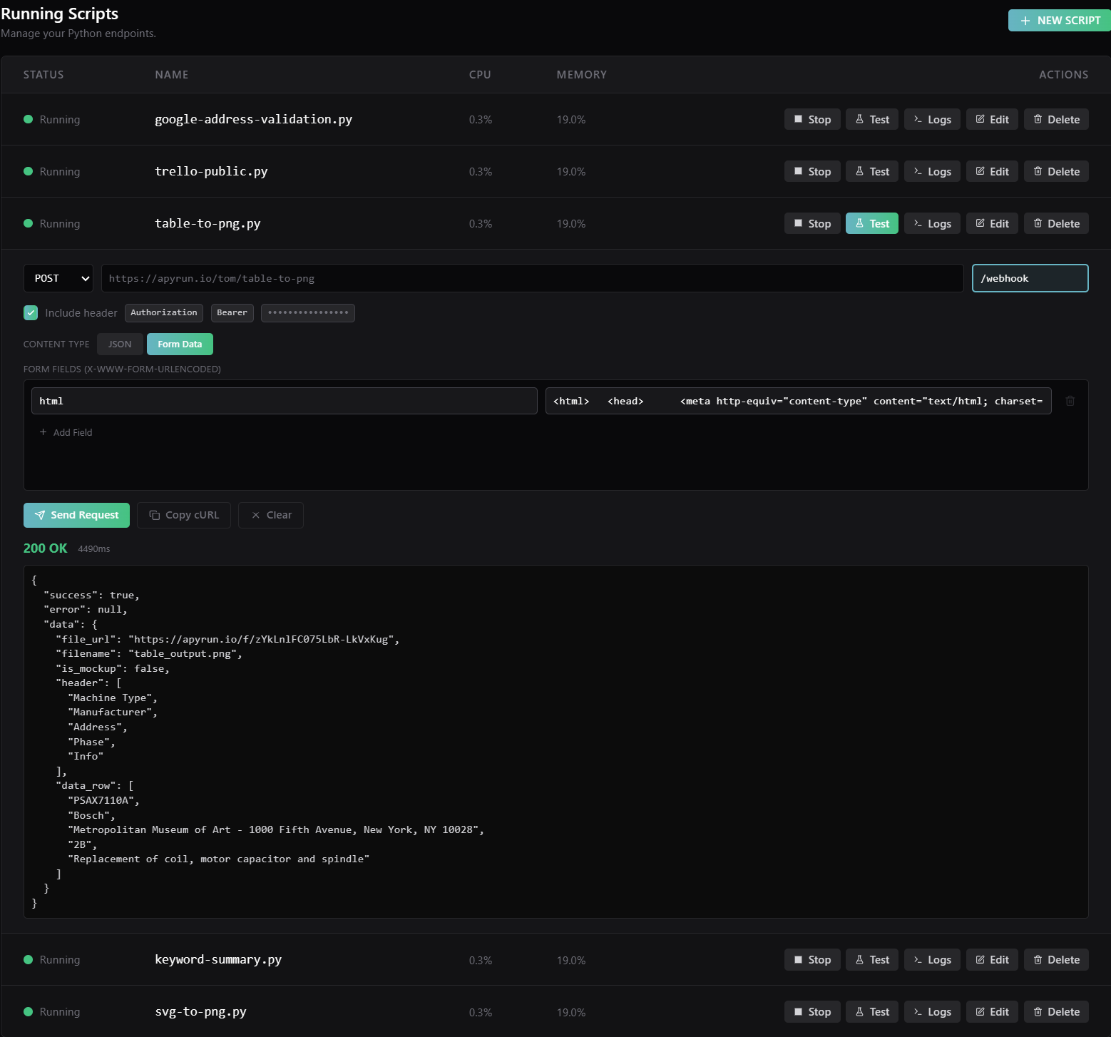 Apyrun test panel showing successful response with file_url