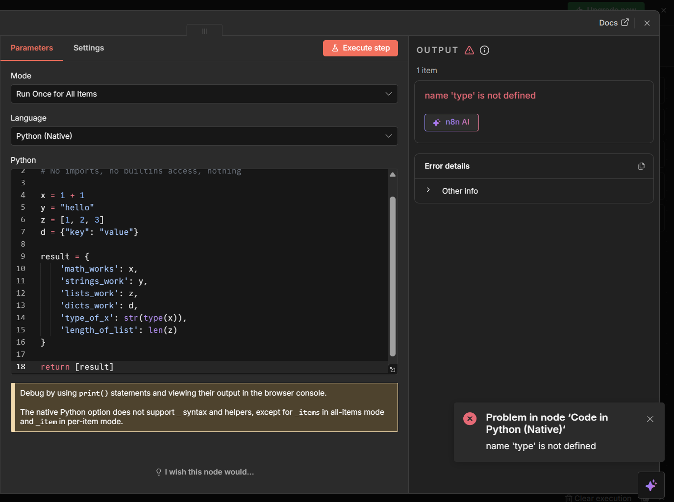 n8n Cloud blocking even basic Python builtins like type()